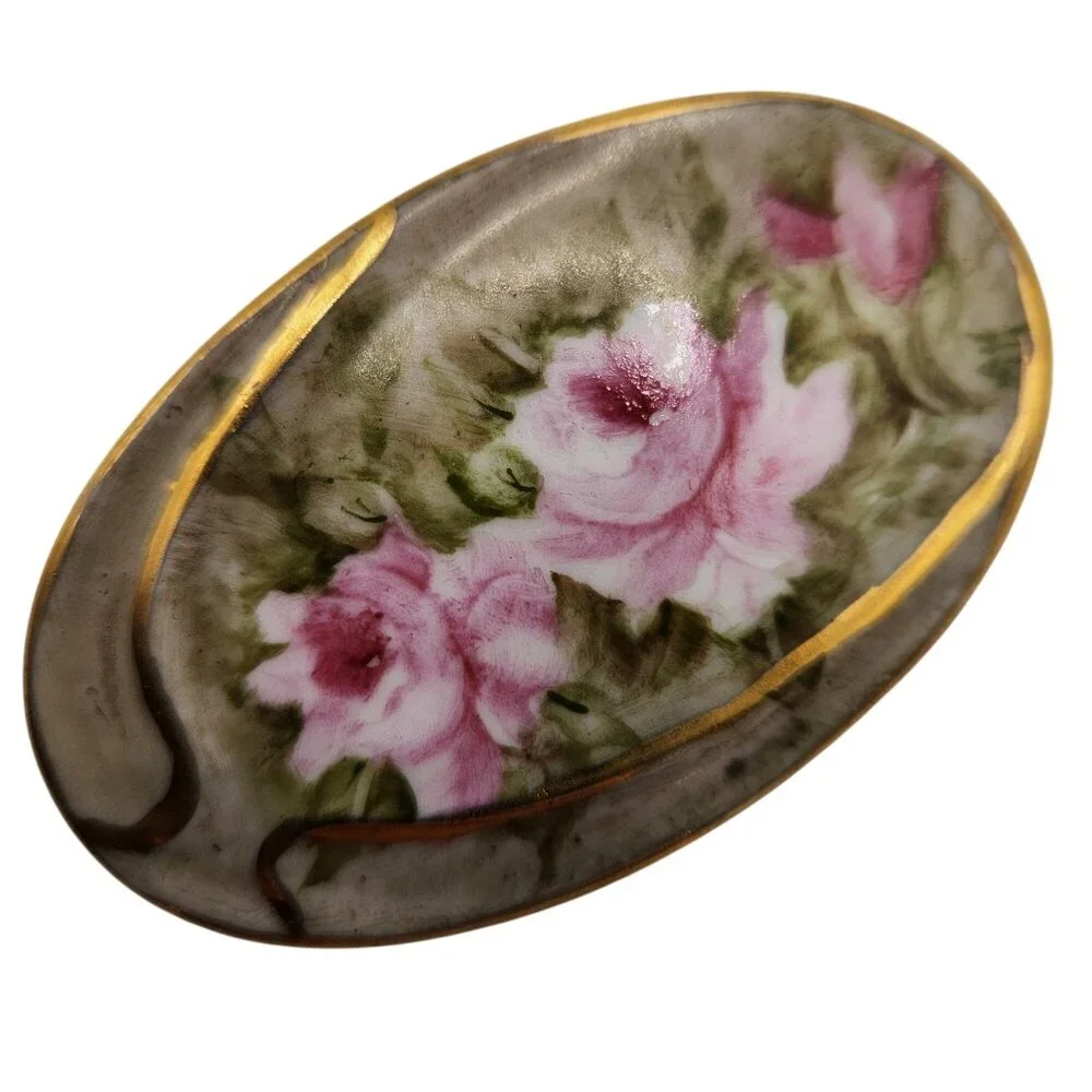 1940s Hand Painted Porcelain Rose Brooch‎ Germany Pink Floral Gold Trim Antique